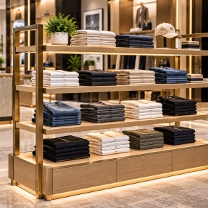 Custom Apparel Display Shelf for Folded Clothing & Fashion Retail Stores 6 apparel-display-shelf-perspective