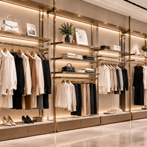 Custom Apparel Wall Display with Modular Hanging & Shelving 2 Custom apparel wall display with integrated hanging rails, illuminated shelves and decorative panels for luxury fashion stores