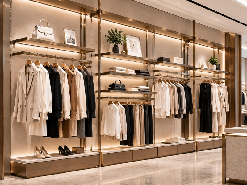 Custom apparel wall display with integrated hanging rails, illuminated shelves and decorative panels for luxury fashion stores