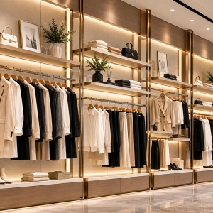 Custom Apparel Wall Display with Modular Hanging & Shelving 6 apparel-wall-display-perspective