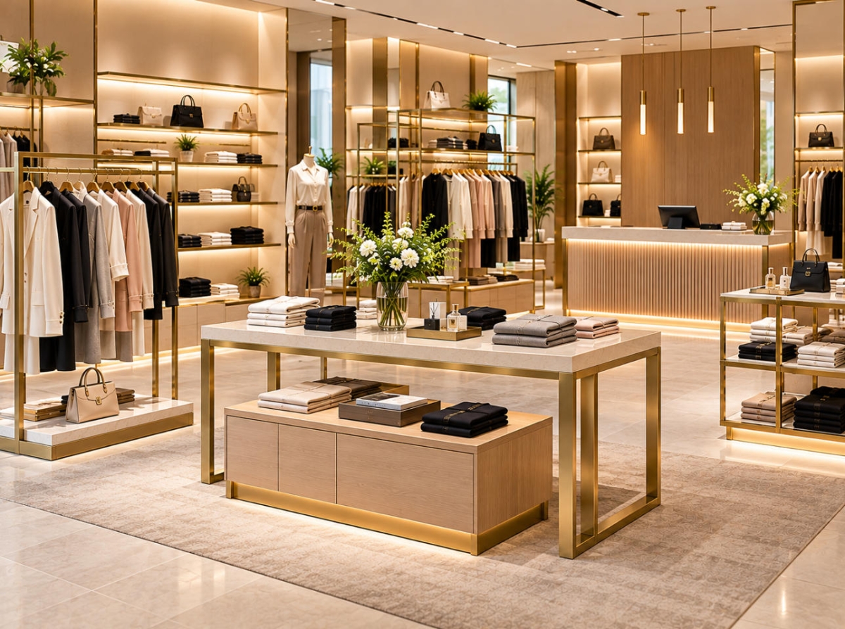 Custom boutique clothing fixtures featuring gold garment racks, wall shelving, central clothing display tables and matching retail counters