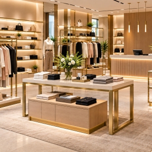 Custom boutique clothing fixtures featuring gold garment racks, wall shelving, central clothing display tables and matching retail counters