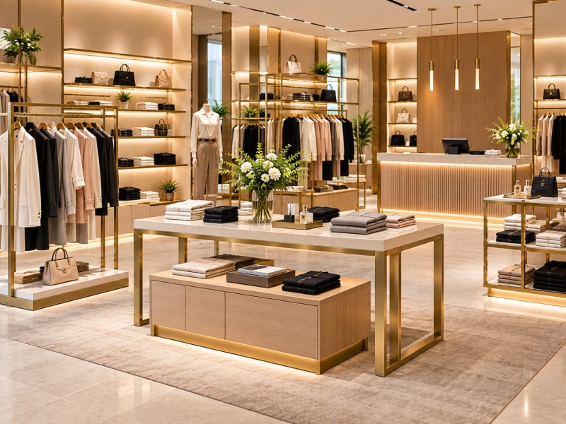 Custom boutique clothing fixtures featuring gold garment racks, wall shelving, central clothing display tables and matching retail counters