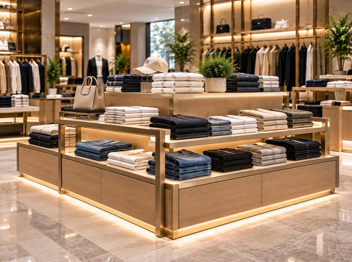 Custom clothing display island with tiered wood platforms, champagne gold metal frame and folded apparel in a luxury fashion store