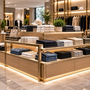 Custom clothing display island with tiered wood platforms, champagne gold metal frame and folded apparel in a luxury fashion store