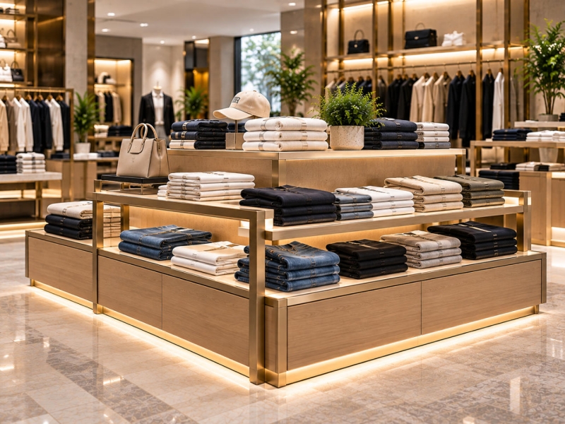 Custom clothing display island with tiered wood platforms, champagne gold metal frame and folded apparel in a luxury fashion store