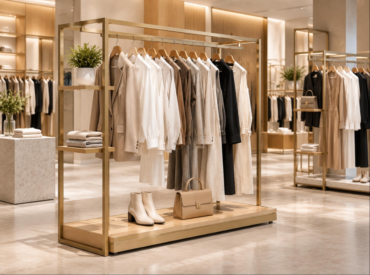 Custom Clothing Display Rack Designed for Modern Fashion Retail Spaces 1 Custom clothing display rack manufactured by SUNZEN factory for fashion stores and retail brands