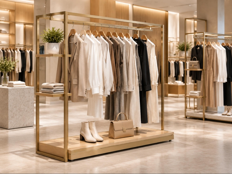 Custom clothing display rack manufactured by SUNZEN factory for fashion stores and retail brands