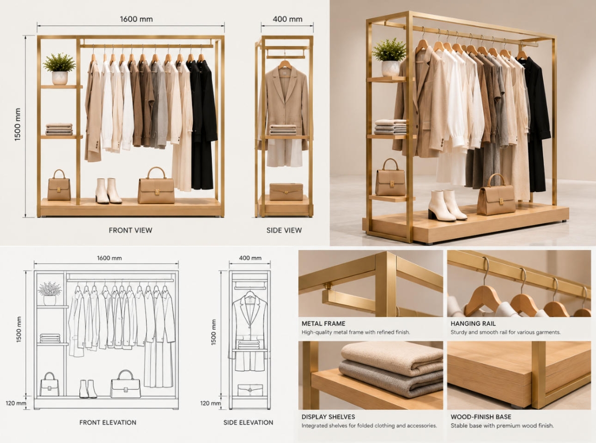 Clothing display rack custom design drawing showing front elevation, side view and rack configuration