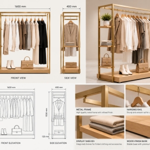 Custom Clothing Display Rack Designed for Modern Fashion Retail Spaces 3 Clothing display rack custom design drawing showing front elevation, side view and rack configuration