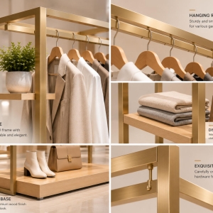 Custom Clothing Display Rack Designed for Modern Fashion Retail Spaces 4 Clothing display rack material details showing gold-tone metal frame, garment rail, wooden shelving and base construction