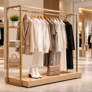 Custom Clothing Display Rack Designed for Modern Fashion Retail Spaces 5 Custom clothing display rack with gold-tone metal frame, wooden base and integrated garment shelving