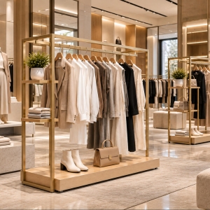 Custom Clothing Display Rack Designed for Modern Fashion Retail Spaces 6 Luxury fashion boutique interior featuring custom clothing display racks with hanging apparel and coordinated accessories