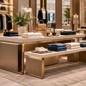 Custom Clothing Display Table for Folded Apparel & Fashion Accessories 2 Custom clothing display table with marble top, wood finish base and folded apparel presentation for luxury fashion retail stores