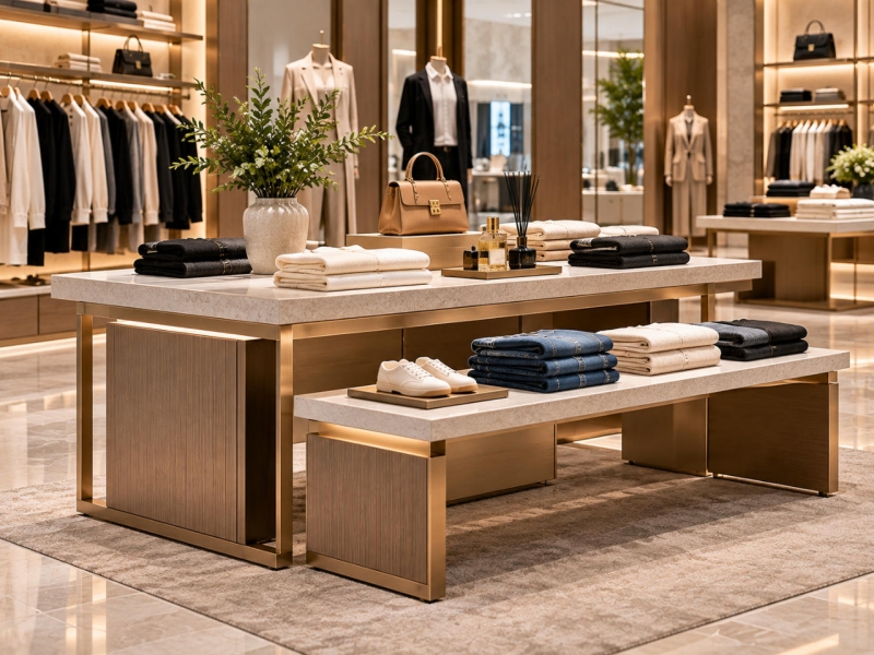 Custom clothing display table with marble top, wood finish base and folded apparel presentation for luxury fashion retail stores