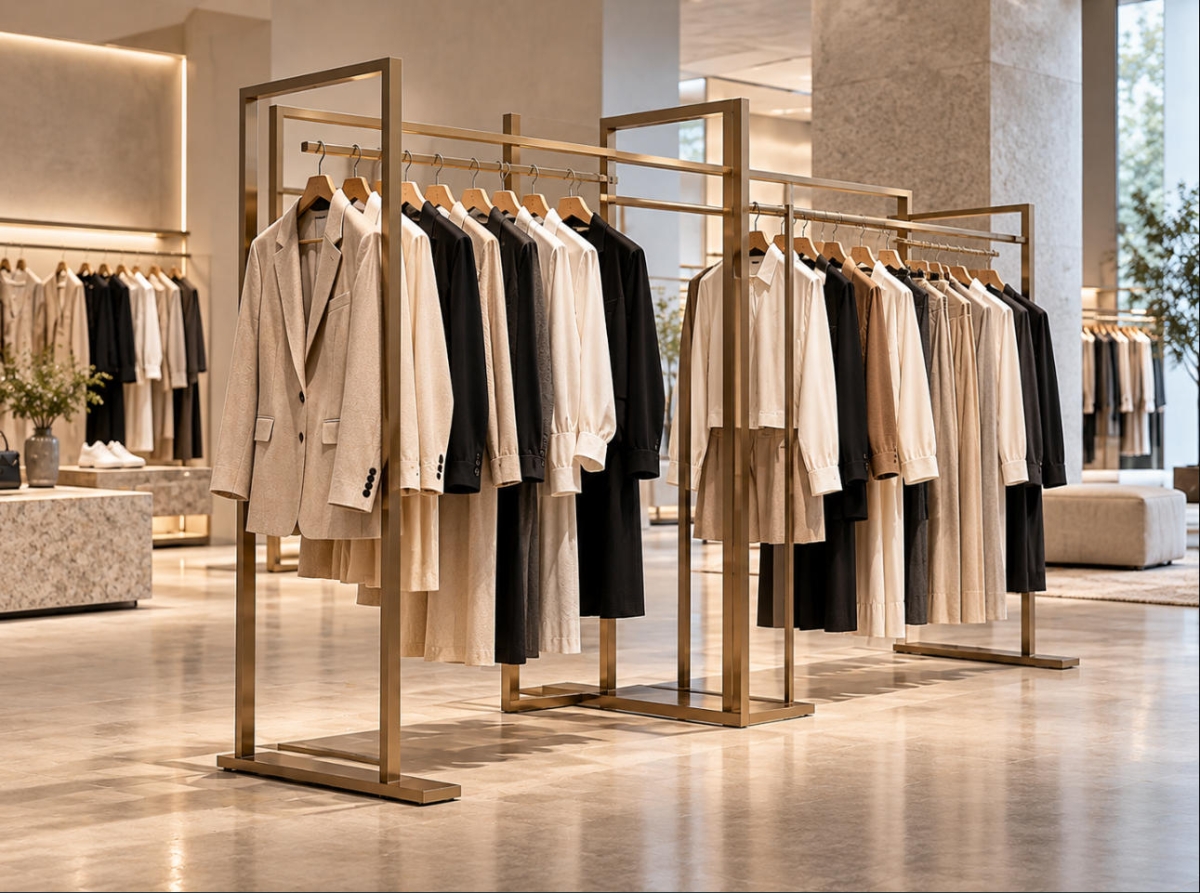 Custom Garment Display Rack for Fashion Retail Stores 1 Custom garment display rack with freestanding gold-tone metal frames and hanging rails for luxury fashion retail stores