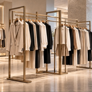 Custom Garment Display Rack for Fashion Retail Stores 2 Custom garment display rack with freestanding gold-tone metal frames and hanging rails for luxury fashion retail stores
