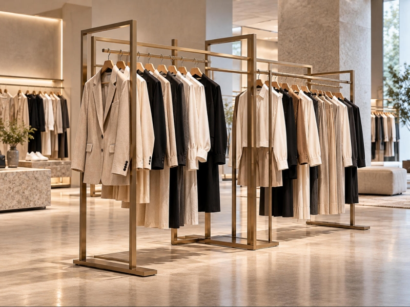Custom garment display rack with freestanding gold-tone metal frames and hanging rails for luxury fashion retail stores