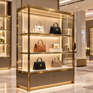 Custom Handbag Display Cabinet for Luxury Fashion Retail 2 Custom handbag display cabinet with glass enclosure, gold metal frame, illuminated shelves and luxury handbags for boutique retail stores