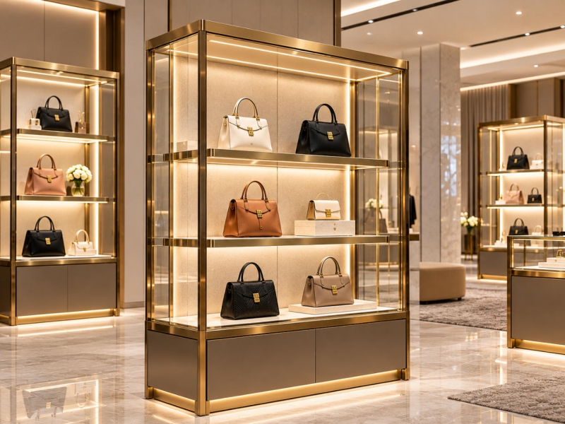 Custom handbag display cabinet with glass enclosure, gold metal frame, illuminated shelves and luxury handbags for boutique retail stores