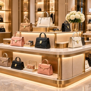 Custom Handbag Display Island for Multi-Sided Luxury Retail 2 Custom handbag display island with multi-sided tiered platforms, gold metal trim and illuminated shelves for luxury boutique merchandising