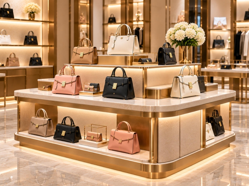 Custom handbag display island with multi-sided tiered platforms, gold metal trim and illuminated shelves for luxury boutique merchandising