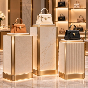 Custom Luxury Handbag Display Pedestal for Boutique & Retail Stores 2 Custom handbag display pedestal set with marble-look plinths, champagne gold metal trim and tiered heights for luxury boutique handbag presentation