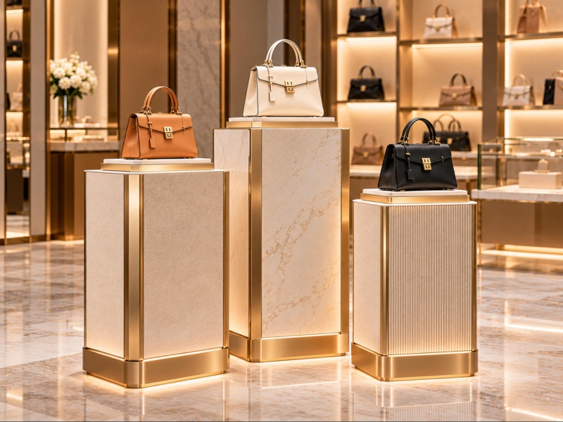 Custom handbag display pedestal set with marble-look plinths, champagne gold metal trim and tiered heights for luxury boutique handbag presentation
