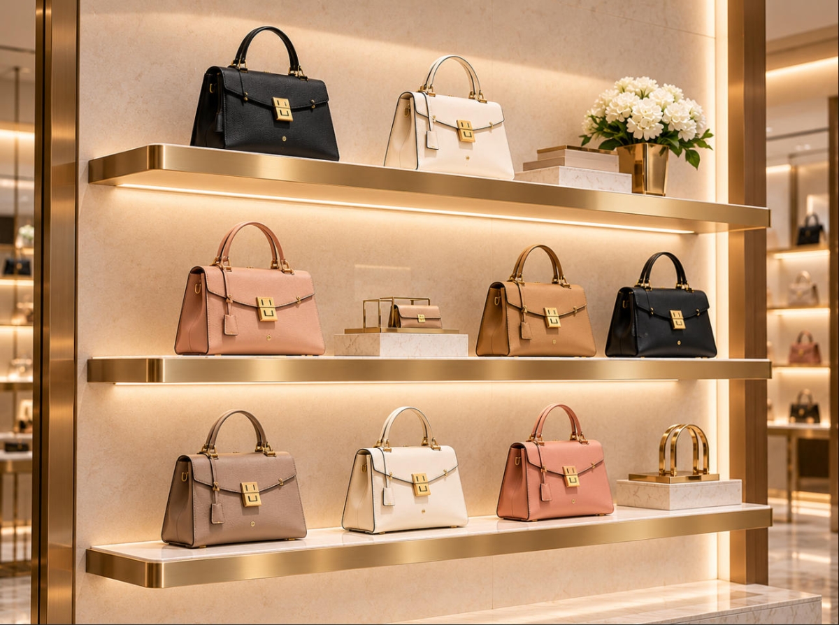 Custom Handbag Display Shelf for Luxury Retail Boutiques 1 Custom handbag display shelf with three floating shelves, champagne gold metal trim and integrated LED lighting for luxury handbag boutiques