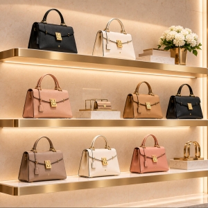 Custom Handbag Display Shelf for Luxury Retail Boutiques 2 Custom handbag display shelf with three floating shelves, champagne gold metal trim and integrated LED lighting for luxury handbag boutiques