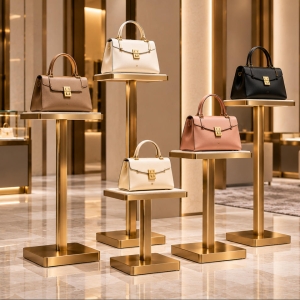 Custom Handbag Display Stand for Luxury Boutique Presentation 2 Custom handbag display stand set with gold metal pedestals and individual display platforms presenting luxury handbags at different heights