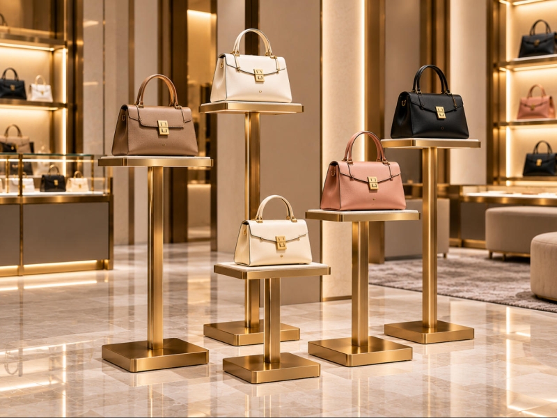 Custom handbag display stand set with gold metal pedestals and individual display platforms presenting luxury handbags at different heights