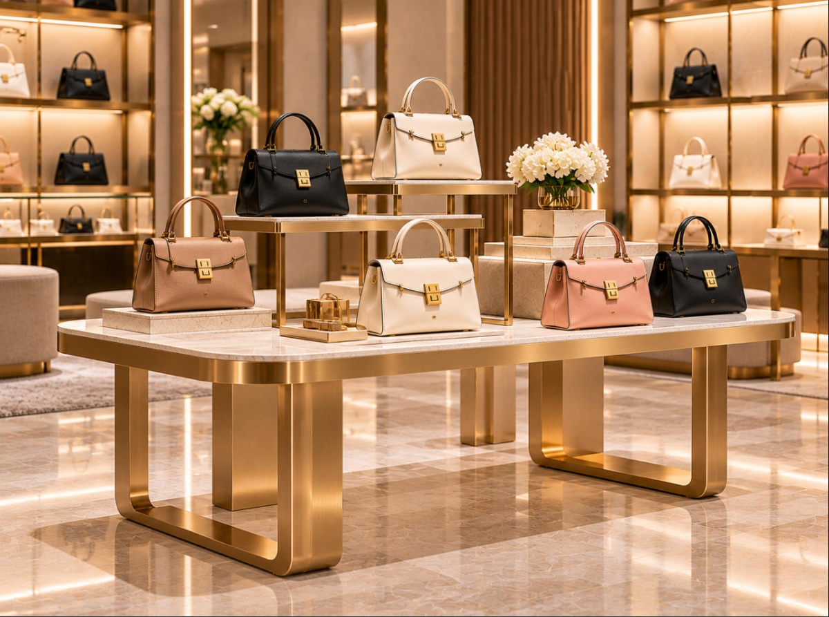 Custom Luxury Handbag Display Table for Boutique & Retail Stores 1 Custom handbag display table with marble-look tabletop, gold metal frame and tiered platforms displaying luxury handbags in a boutique