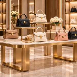 Custom Luxury Handbag Display Table for Boutique & Retail Stores 2 Custom handbag display table with marble-look tabletop, gold metal frame and tiered platforms displaying luxury handbags in a boutique