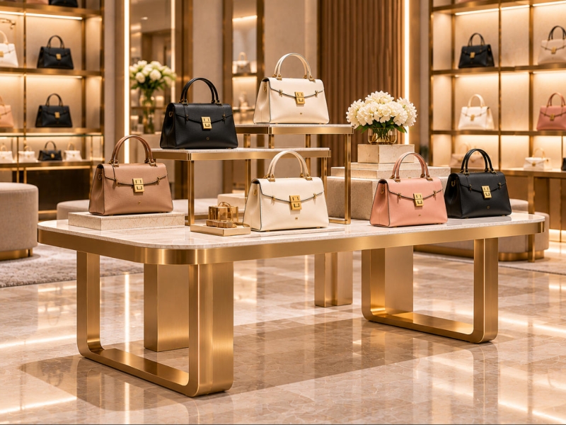 Custom handbag display table with marble-look tabletop, gold metal frame and tiered platforms displaying luxury handbags in a boutique