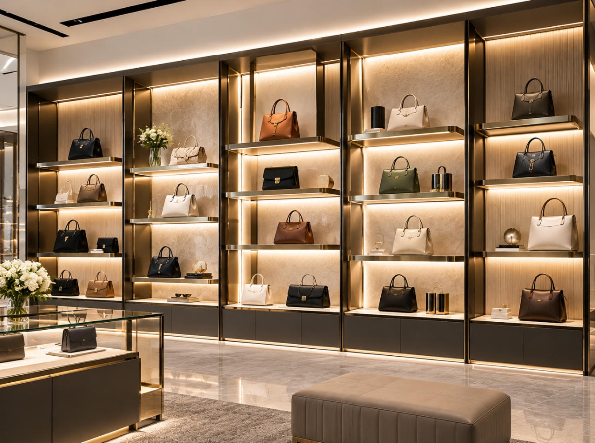 Custom Handbag Wall Display System for Luxury Boutiques 1 Custom handbag wall display system with illuminated shelves, gold metal frames and decorative panels for luxury handbag boutiques