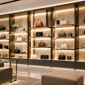 Custom Handbag Wall Display System for Luxury Boutiques 2 Custom handbag wall display system with illuminated shelves, gold metal frames and decorative panels for luxury handbag boutiques
