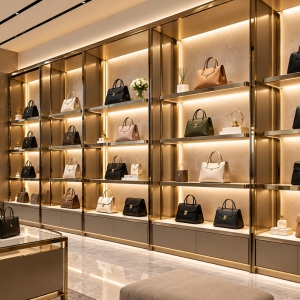 Custom Handbag Wall Display System for Luxury Boutiques 6 handbag-wall-display-system-perspective