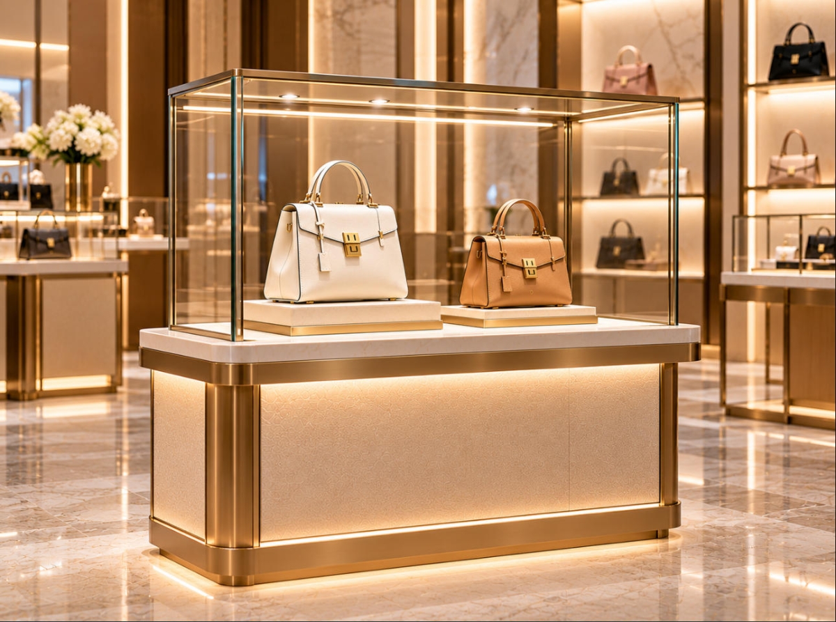 Custom Luxury Handbag Showcase for Premium Boutique Displays 1 Custom luxury handbag showcase with clear glass enclosure, champagne gold metal frame and LED lighting displaying designer handbags