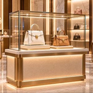 Custom Luxury Handbag Showcase for Premium Boutique Displays 2 Custom luxury handbag showcase with clear glass enclosure, champagne gold metal frame and LED lighting displaying designer handbags