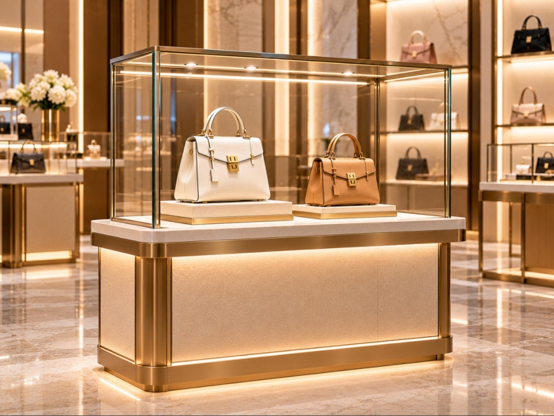 Custom luxury handbag showcase with clear glass enclosure, champagne gold metal frame and LED lighting displaying designer handbags