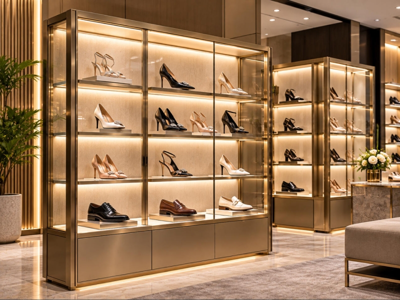 Luxury shoe display cabinet with champagne gold metal frame, glass panels, illuminated footwear shelves and designer shoes in a boutique