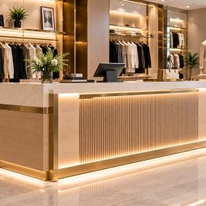 Custom retail clothing counter with cream stone-look countertop, wood slat front panels, champagne gold trim and POS terminal in a fashion boutique