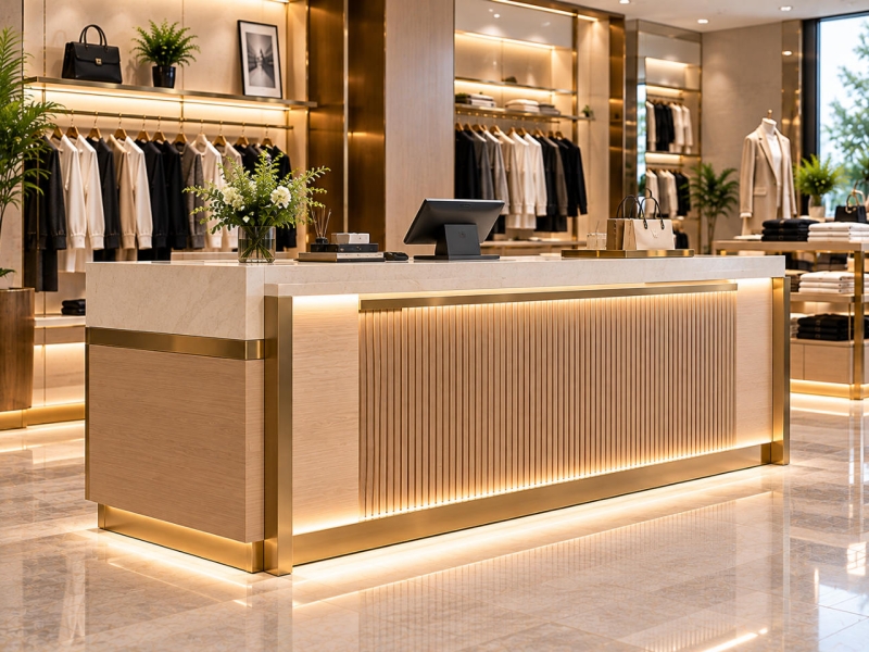 Custom retail clothing counter with cream stone-look countertop, wood slat front panels, champagne gold trim and POS terminal in a fashion boutique
