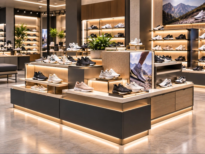 Custom shoe display island with tiered footwear platforms, illuminated shelves and multi-sided sneaker displays in a premium retail store