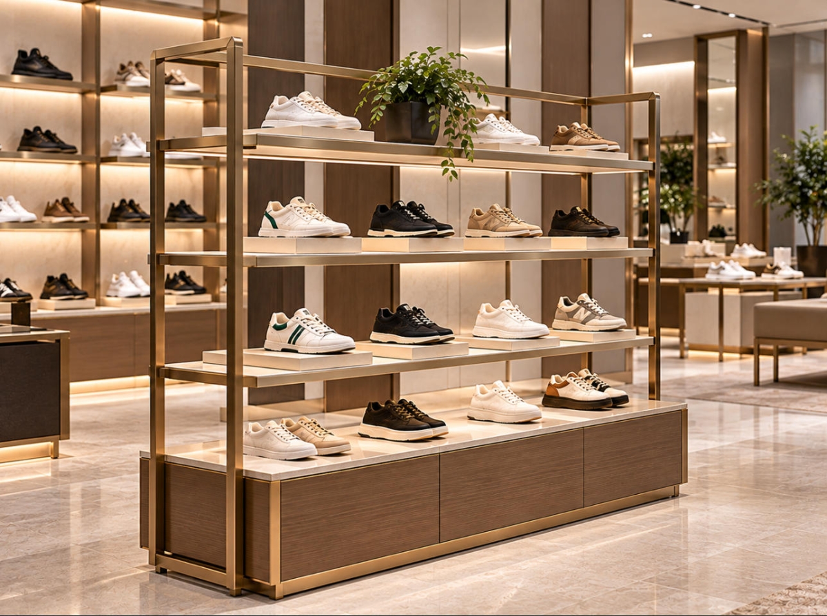 Custom Shoe Display Rack with Multi-Tier Footwear Shelving 1 Custom shoe display rack with gold-tone metal frame, multi-tier illuminated shelves and wood-finish base for luxury footwear stores