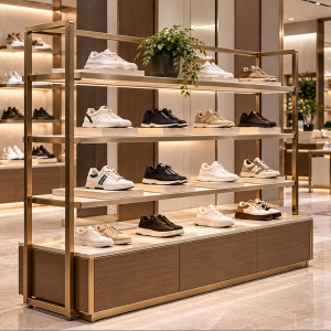 Custom Shoe Display Rack with Multi-Tier Footwear Shelving 2 Custom shoe display rack with gold-tone metal frame, multi-tier illuminated shelves and wood-finish base for luxury footwear stores