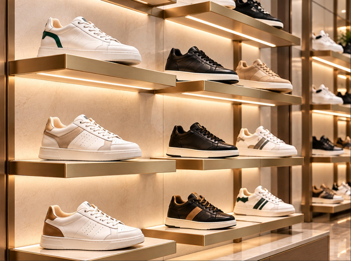 Custom Shoe Display Shelf with Refined Finishes & Flexible Mounting 1 Custom shoe display shelf with floating gold-tone metal shelves and integrated LED lighting for luxury footwear boutiques