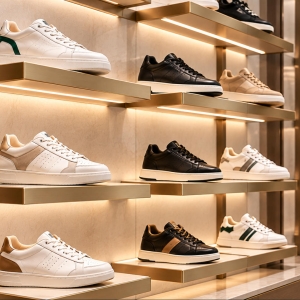Custom Shoe Display Shelf with Refined Finishes & Flexible Mounting 2 Custom shoe display shelf with floating gold-tone metal shelves and integrated LED lighting for luxury footwear boutiques