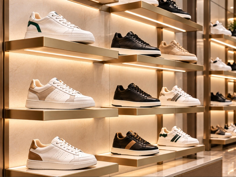 Custom shoe display shelf with floating gold-tone metal shelves and integrated LED lighting for luxury footwear boutiques